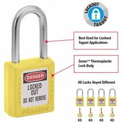 Khóa an toàn còng thép chìa khác nhau Master Lock 410YLW