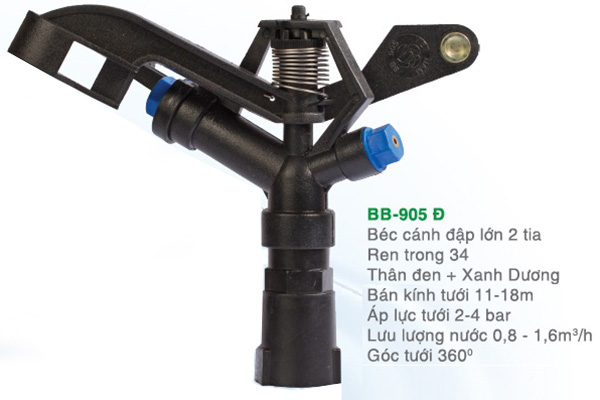 Béc phun cánh đập lớn 2 tia ren trong 34mm BB 905 Đ 1