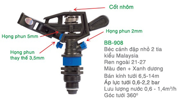 Béc phun cánh đập nhỏ 2 tia kiểu Malaysia ren ngoài 21 27 BB 908 1