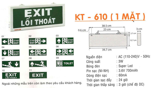 Đèn exit đèn thoát hiểm đèn lối thoát 1 mặt KENTOM KT 610
