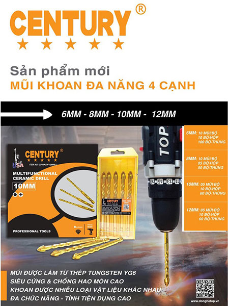 Bộ 5 mũi khoan đa năng 4 cạnh 12mm Century LU MKDN 12 3