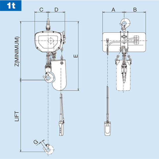 Kích thước của Palang xích điện cố định 1 tấn Hitachi Nhật Bản
