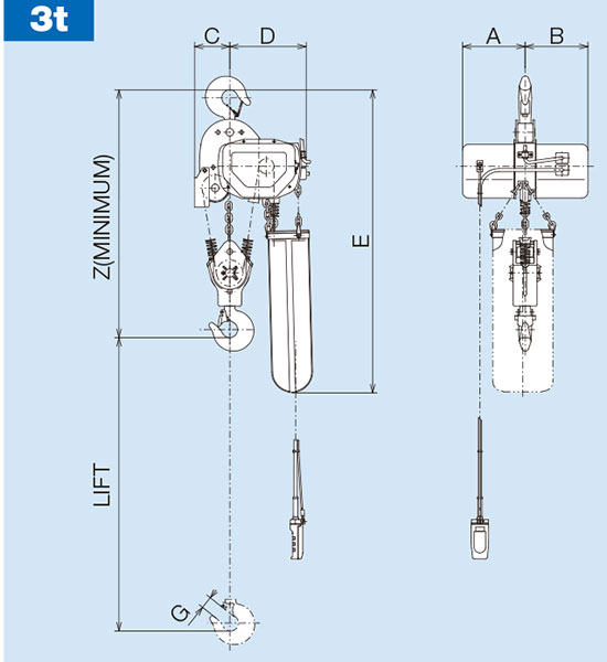 Kích thước Palang xích điện cố định 1 cấp tốc độ 3 tấn 6m Hitachi 3SH
