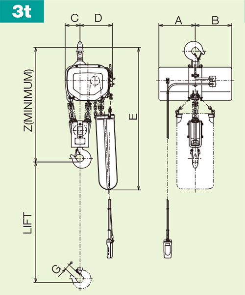 Kích thước Palang xích điện cố định 3 tấn 6m tốc độ nhanh Hitachi 3FH