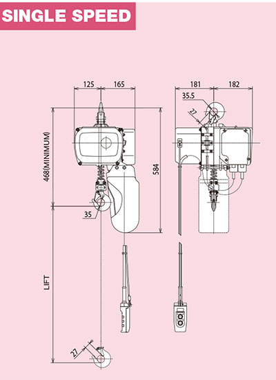Kích thước Palăng xích điện treo cố định 500kg 3m Hitachi L