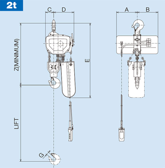 Kích thước tời xích điện cố định 1 cấp tốc độ 2 tấn 3m Hitachi 2S Nhật Bản