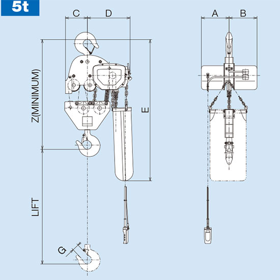 Kích thước tời xích điện cố định 1 cấp tốc độ 5 tấn 6m Hitachi 5SH Nhật Bản