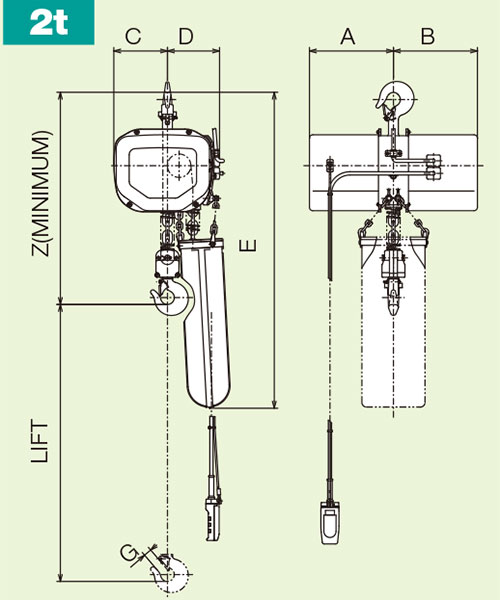 Kích thước tời xích điện cố định tốc độ nhanh 2 tấn 6m Hitachi 2FH Nhật Bản