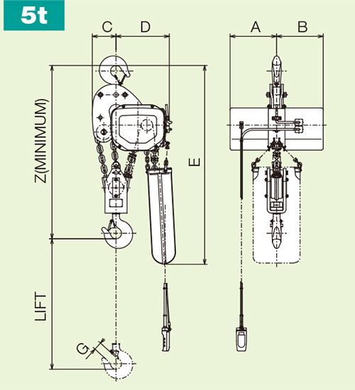 Kích thước tời xích điện cố định tốc độ nhanh 5 tấn 6m Hitachi 5FH Nhật Bản