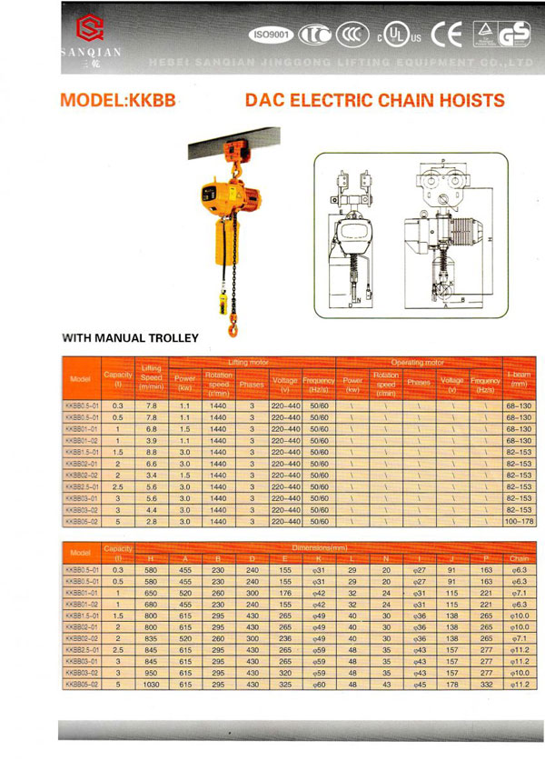 Pa lăng xích điện di chuyển dầm đơn DAC KKBB