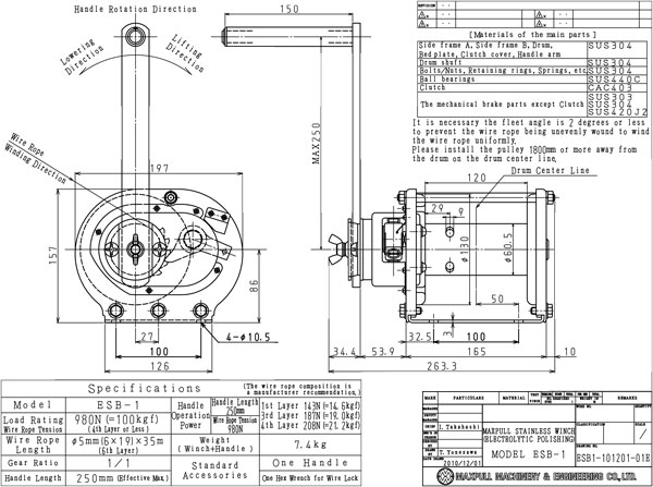 Thông số kỷ thuật của của tời quay tay bằng inox 100kg MAXPULL ESB 1