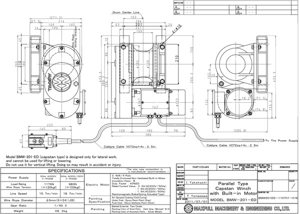 Thông số kỷ thuật của tời cáp điện 2 chiều ba pha 200V MAXPULL BMW 201 ED