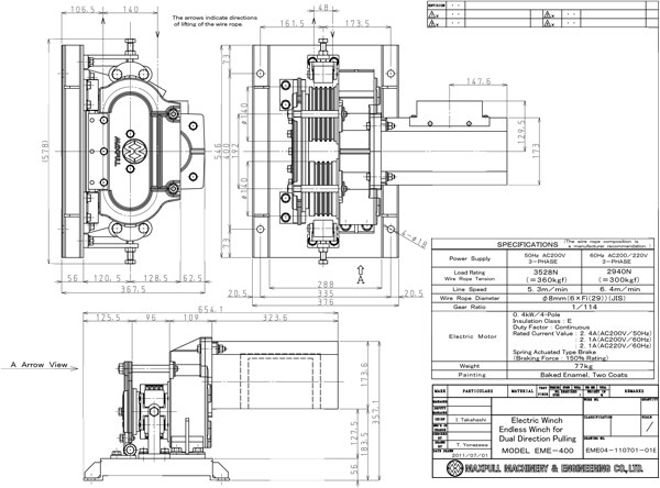 Thông số kỷ thuật của tời cáp điện 2 chiều ba pha 200V MAXPULL EME 400