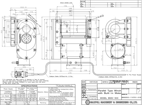 Thông số kỷ thuật của tời cáp điện ba pha 200V MAXPULL BMW 503