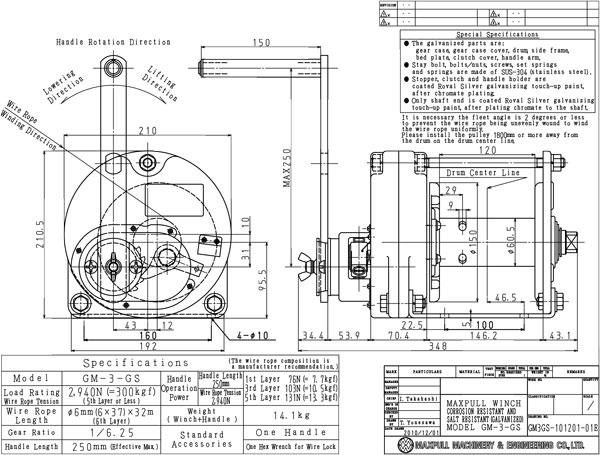 Tời quay tay thép mạ kẽm nhúng nóng 300kg Maxpull GM 3 GS 1