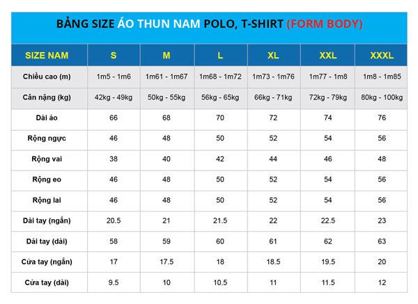 bang size ao thun nam form body