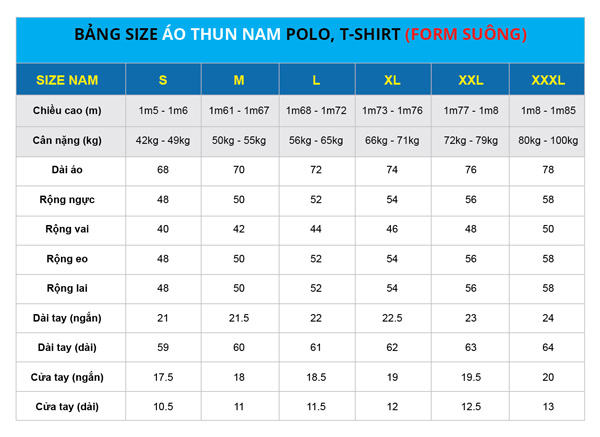 bang size ao thun nam form suong
