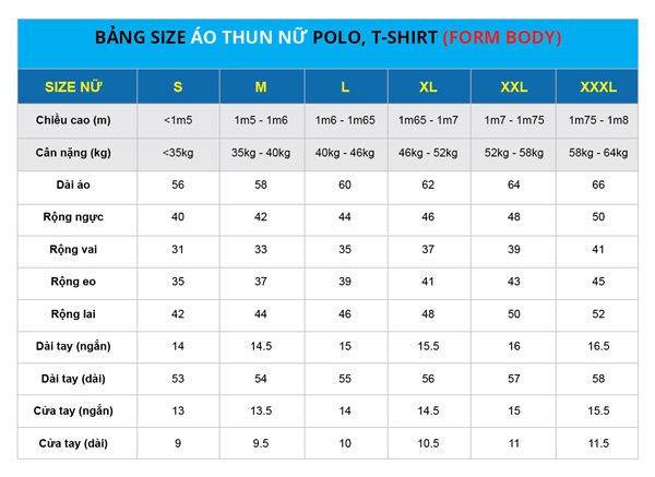 bang size ao thun nu form body