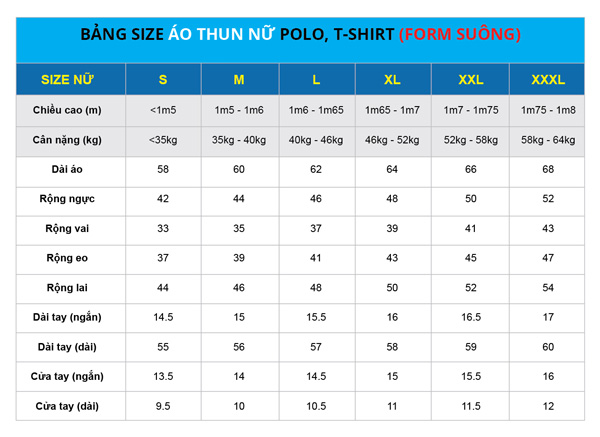 bang size ao thun nu form suong